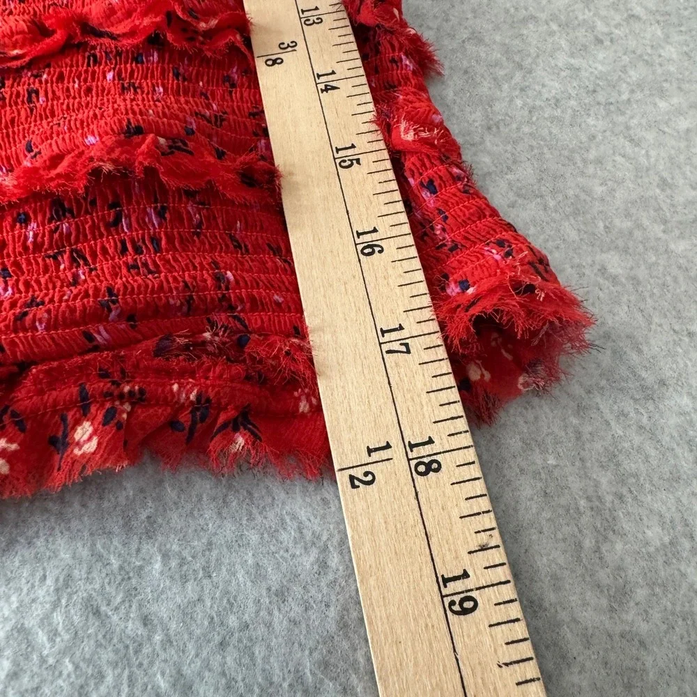 Free People Red Floral Smocked‎ Crop Top Long Sleeve Country Boho Blouse Medium